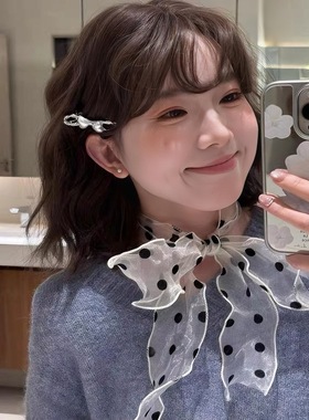 黑白波点丝巾长条欧根纱飘带高级感气质ins纯欲风发带系脖配饰女