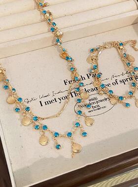 现货海的女儿蓝色锆石金色贝壳项