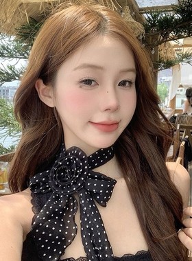 网红爆款波点小丝巾玫瑰花装饰文艺风洋气ins风纯欲围巾辣妹