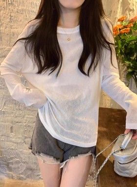 薄款微透防晒长袖T恤女春夏简约慵懒风宽松圆领套头罩衫黄色上衣