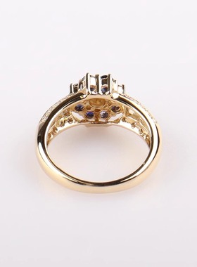 中古「95新」日本进口商品花形8颗蓝宝石钻石K18黄金49号戒指时尚