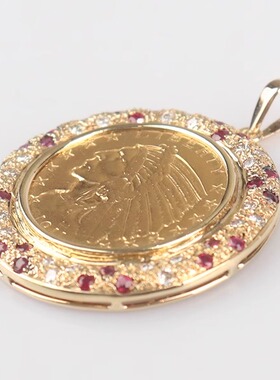 「9.5新」日本进口商品印第安金币红宝石钻石吊坠750YG/900YG时尚