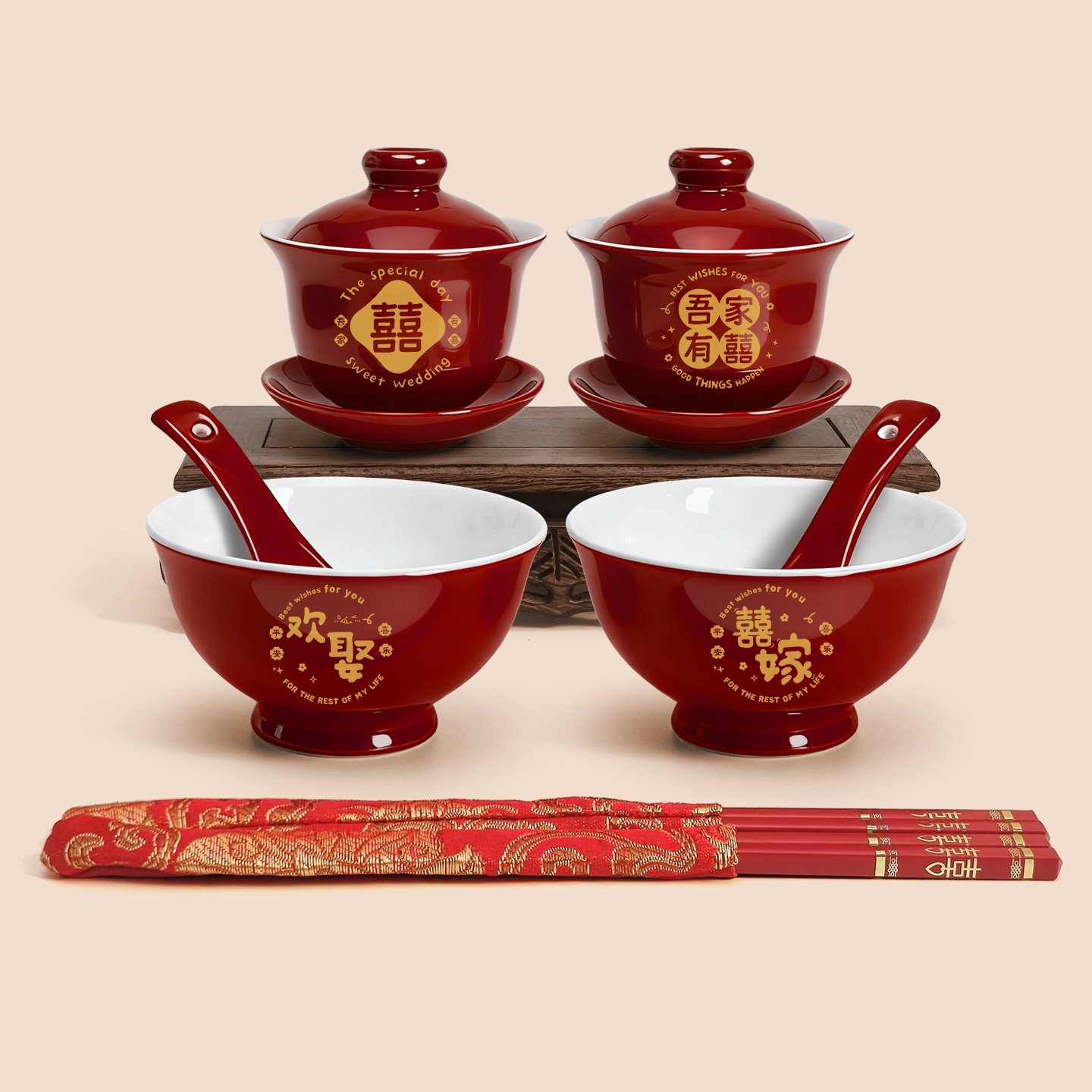 Wedding change of mouth toast tea cup set, a pair of wedding bowls, chopsticks and spoons, wedding tea set, dowry supplies, high-end wine red
