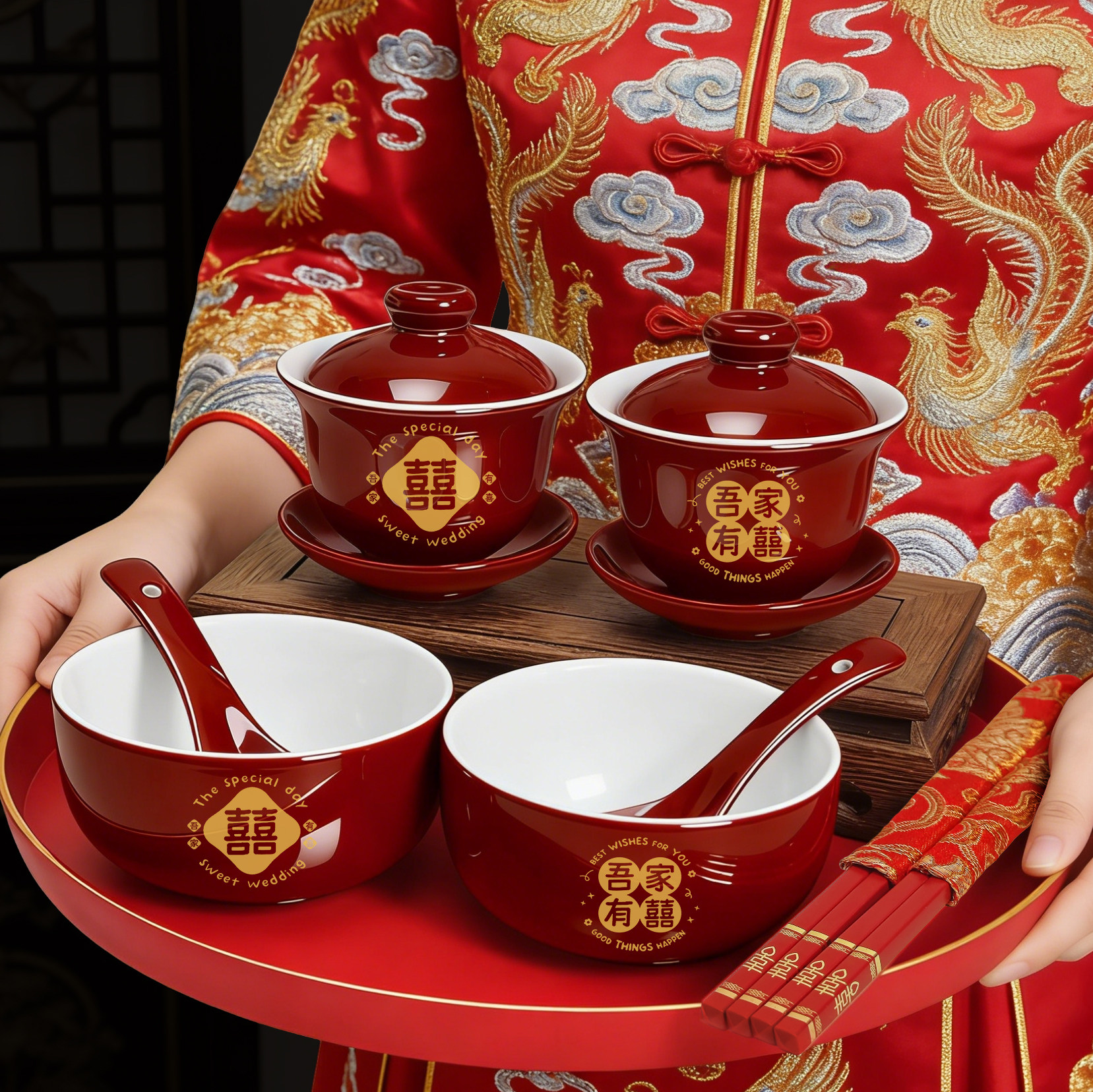 Wedding change of mouth toast tea cup set, a pair of wedding bowls, chopsticks and spoons, wedding tea set, dowry supplies, high-end wine red