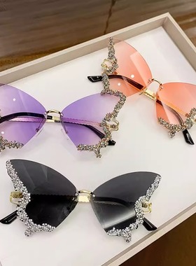 2025新款大框镶钻蝴蝶太阳镜时尚拍照表演道具眼镜女墨镜