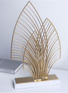现代新中式样板房客厅玄关金属扇形屏风摆件酒店软装大理石装饰品