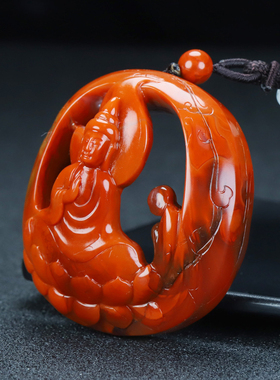 正品天然四川凉山南红玛瑙柿子红吊坠观音挂件原石雕刻男女款56号