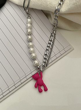 原创小众潮酷粉色小熊吊坠女项链