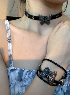 复古暗黑蝴蝶pu皮项圈手链choker