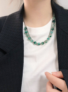 小众复古玛瑙珠钛钢拼接项链女