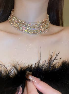 欧美夸张性感彩光镶钻多层项链