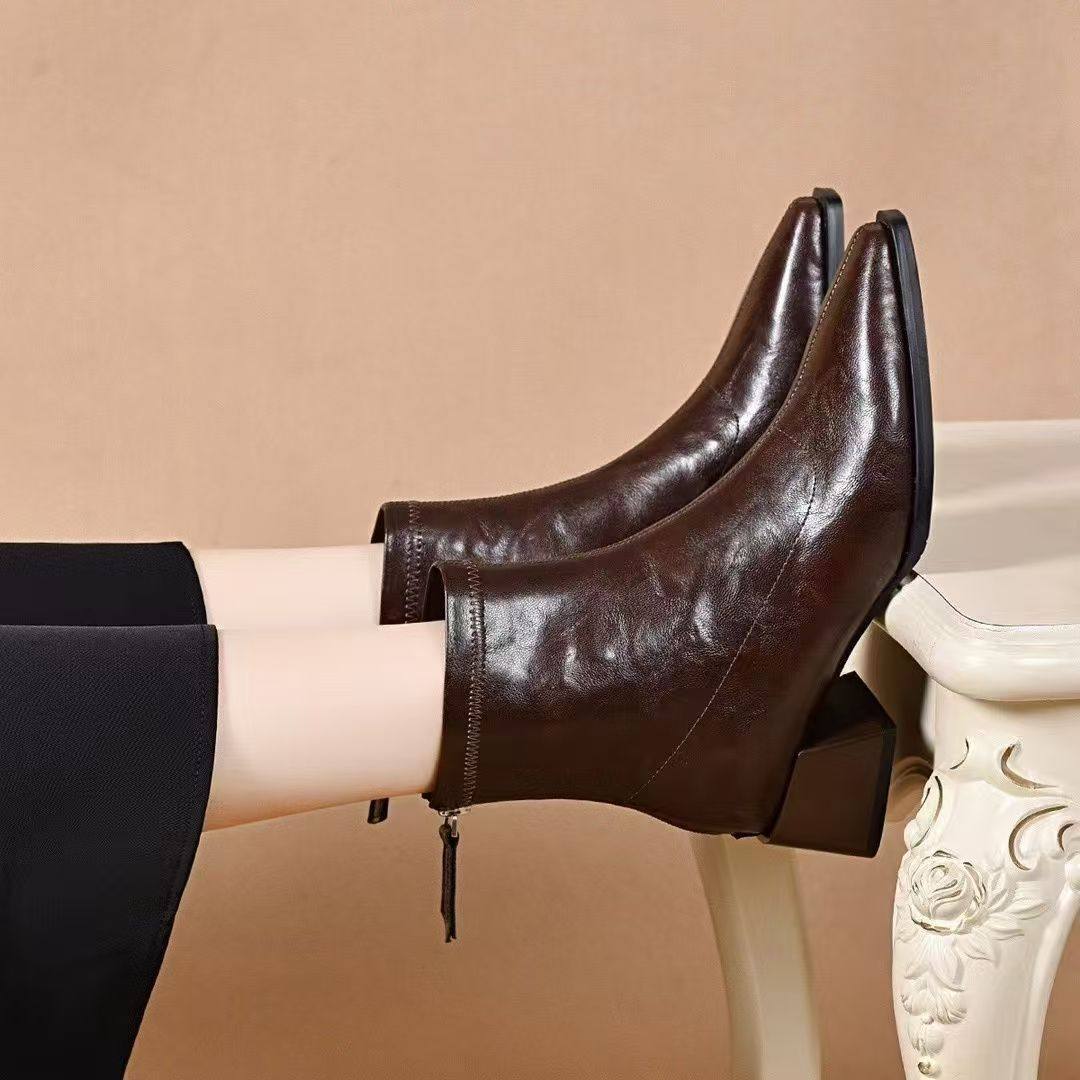 品牌清仓真皮马丁靴女2025秋冬季新款粗跟方头短靴中跟配裙子裸靴,淘宝优惠券,粉丝福利购,淘宝优惠卷