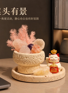 蘑菇杯大颗粒水晶石招财猫摆件
