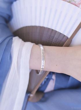 正品铃兰 原雪足创银复古文艺清手新工细手镯环哑光刻字送妈花妈