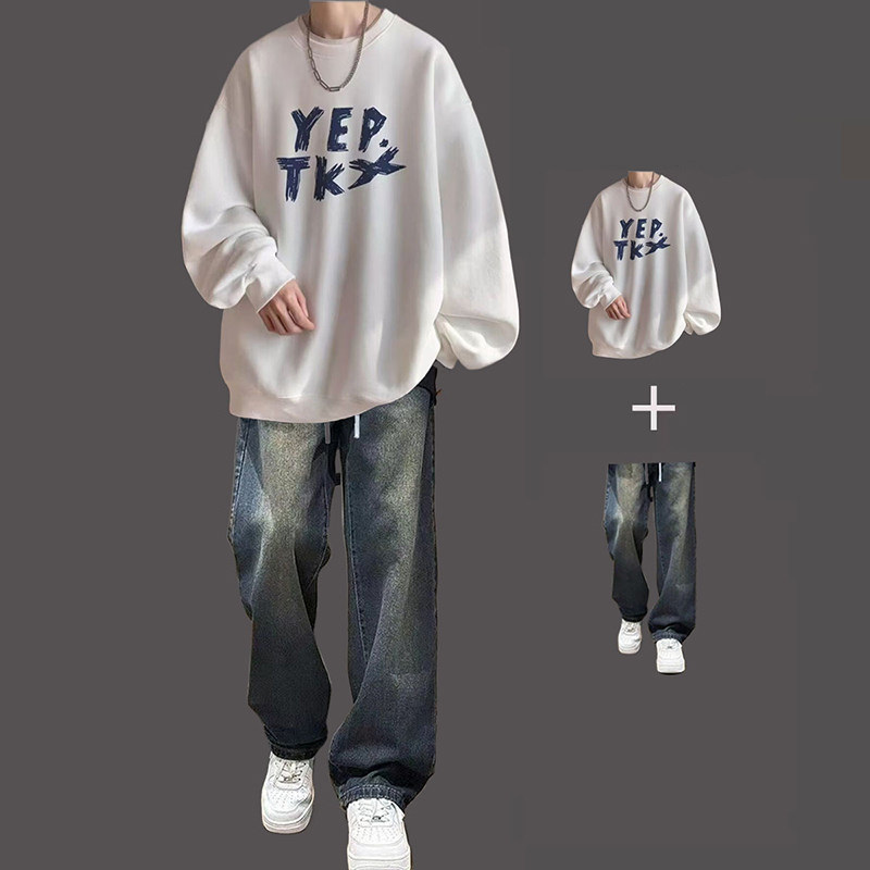 酒红色圆领卫衣男生秋冬季套装外套内搭打底衫新款长袖上衣服潮牌,淘宝优惠券,粉丝福利购,淘宝优惠卷