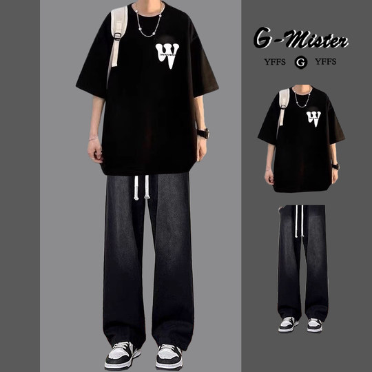 纯棉短袖套装男休闲穿搭一整套夏季搭配高街牛仔裤男装学生两件套