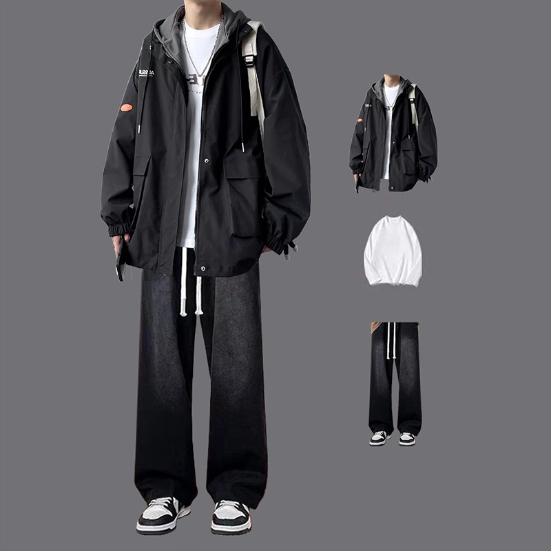 春秋季冲锋衣套装男款假两件连帽工装夹克外套男生宽松美式三件套 - 图2