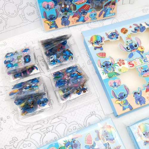 史迪仔儿童贴纸100枚盒装史迪奇动漫手帐贴纸咕卡卡通防水贴画新 - 图0