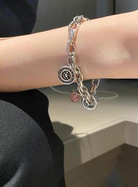 韩版百搭纯银手链女ins好运草莓晶复古时钟潮流小众设计手饰