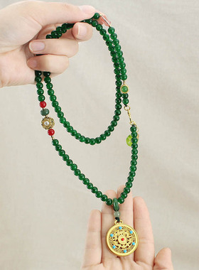 民族风长款毛衣链圆牌锁祖母绿色仿珍珠项链女国潮汉服新中式配饰