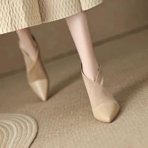 Ocnlantiy style pointed fine heel short boots woman 2023 autumn winter new womens boots Inn wind genuine leather high heel nude boots