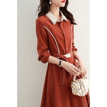 2023 Autumn loaded with new long sleeves Reduced Age Collection Waist Long single-row buttoning lacing Turnover Shirt Dress Skirt