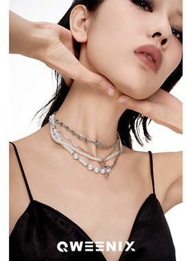QWEENIX 珍珠多层十字架铆钉潮流项链小众设计男女百搭嘻哈