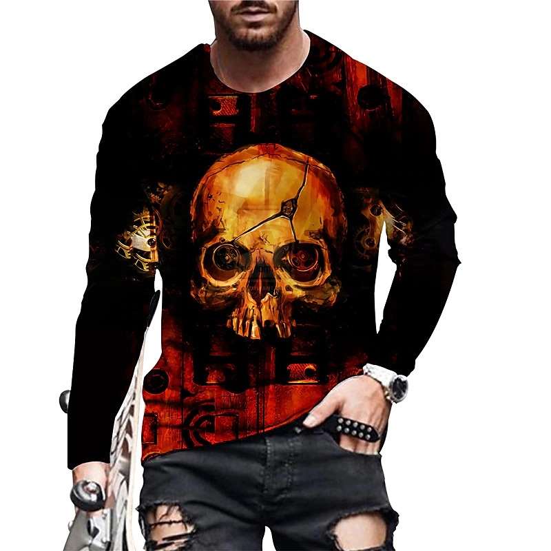 New Skull 3D Digital Round Neck T-Shirt Men&#39;s Long S - 图0