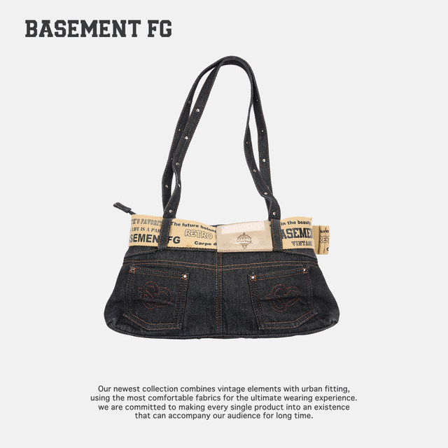 BASEMENTFG retro denim letter print crossbody bag women's belt shoulder bag 254020130031