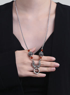 复古民族风景泰蓝珐琅凤凰玛瑙项链女国潮气质小众设计感创意项饰