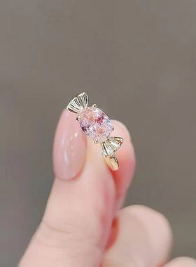 日系可爱粉糖果蝴蝶结戒指女轻奢小众少女开口可调节食指环送闺蜜