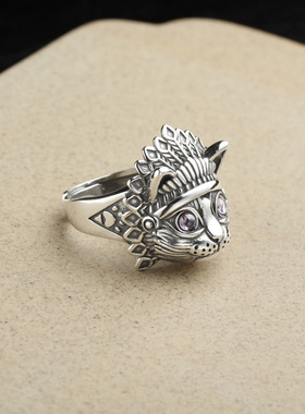 原创s925纯银酋长猫王戒指活口复古印第安猫头指环个性男女款潮流