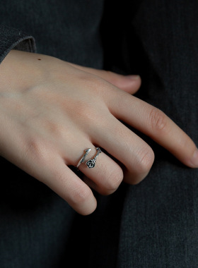 荆棘玫瑰花戒指复古做旧指环女小众设计ins冷淡风个性开口食指戒