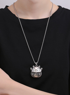 复古中国结福字招财猫吊坠女做旧镂空个性气质卡通猫咪民族风项链