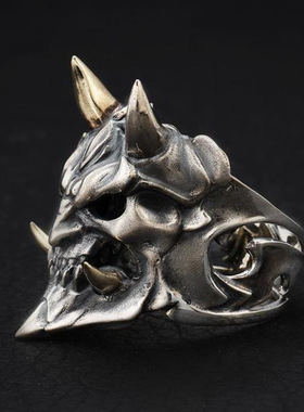 复古般若面具鬼王骷髅戒指原创设计男士个性镂空开口可调节食指环