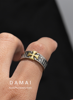 复古做旧金色十字架戒指男款