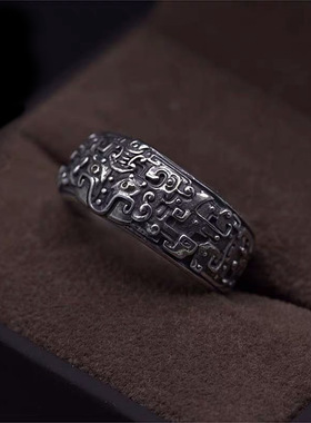 神兽饕餮开口复古银戒指S925指环