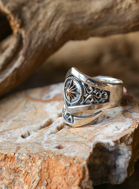 DAMAI原创设计印第安风格太阳神银指环美式潮流中性风戒指男潮ins