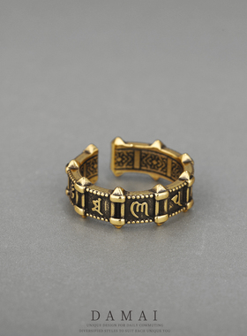 复古黑金六字箴言开口女士指环