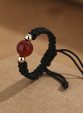 相思红豆白玉髓红玛瑙手工编织戒指女小众甜美铜钱设计感闺蜜尾戒