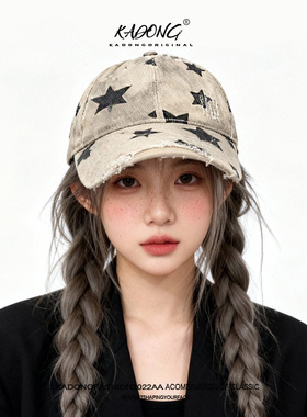 棒球帽子女新款春夏大头围深顶宽帽檐韩版五角星破洞百搭鸭舌帽子