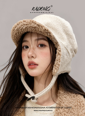 秋冬新款加绒羊羔绒飞行帽子女双面戴红色护耳帽加厚保暖雷锋帽男