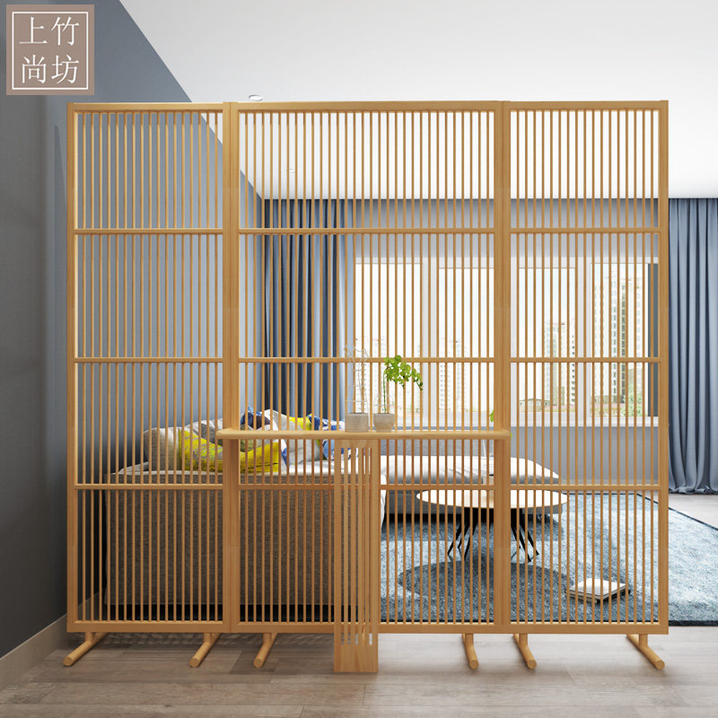 DIY屏风日式竹隔断北欧简约实木格栅现代可移动入户玄关落地座屏_虎窝淘