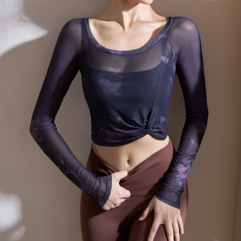 yoyomeat花蝴蝶假两件运动T恤女网纱长袖瑜珈服带胸垫速干健身衣,淘宝优惠券,粉丝福利购,淘宝优惠卷