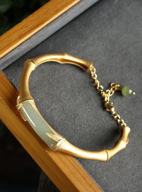 国货崛起 溪上和田玉纯银古法金工艺竹节款手镯延长链不挑手围