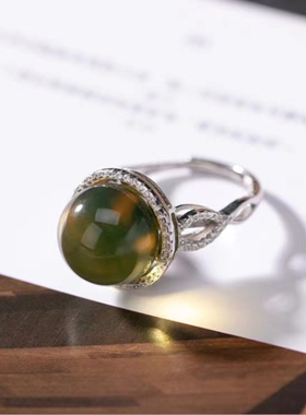 波纹琥珀宝石时尚气质银手饰小众设计气质百搭开口指环戒指女士款