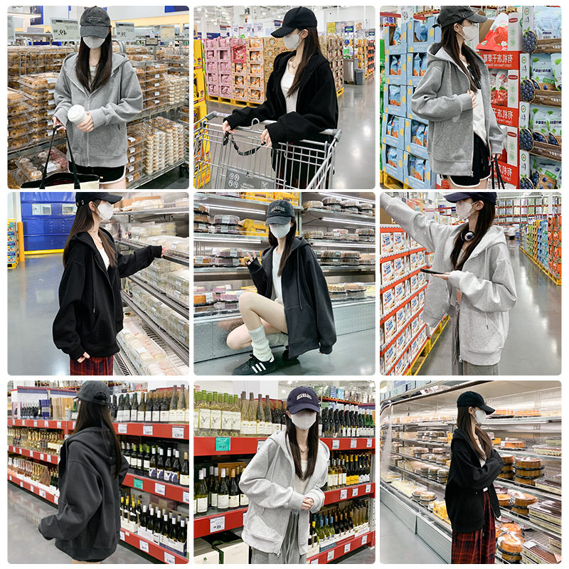 灰色连帽卫衣女冬季加绒加厚高级感2026宽松绒衫韩系开衫外套上衣,淘宝优惠券,粉丝福利购,淘宝优惠卷