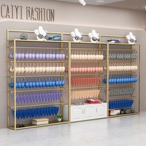 Lingerie Shop shelves leaning against wall Pyjamas Display Cabinet Womens Clothing Stores Golden Adjustable Strap Hooks Bra Underpants Show Shelf