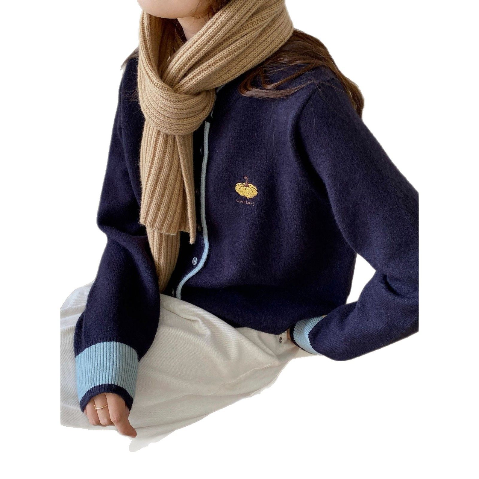 初秋慵懒风韩系清新感南瓜刺绣针织开衫女撞色圆领毛衣外套ZEZ10,淘宝优惠券,粉丝福利购,淘宝优惠卷