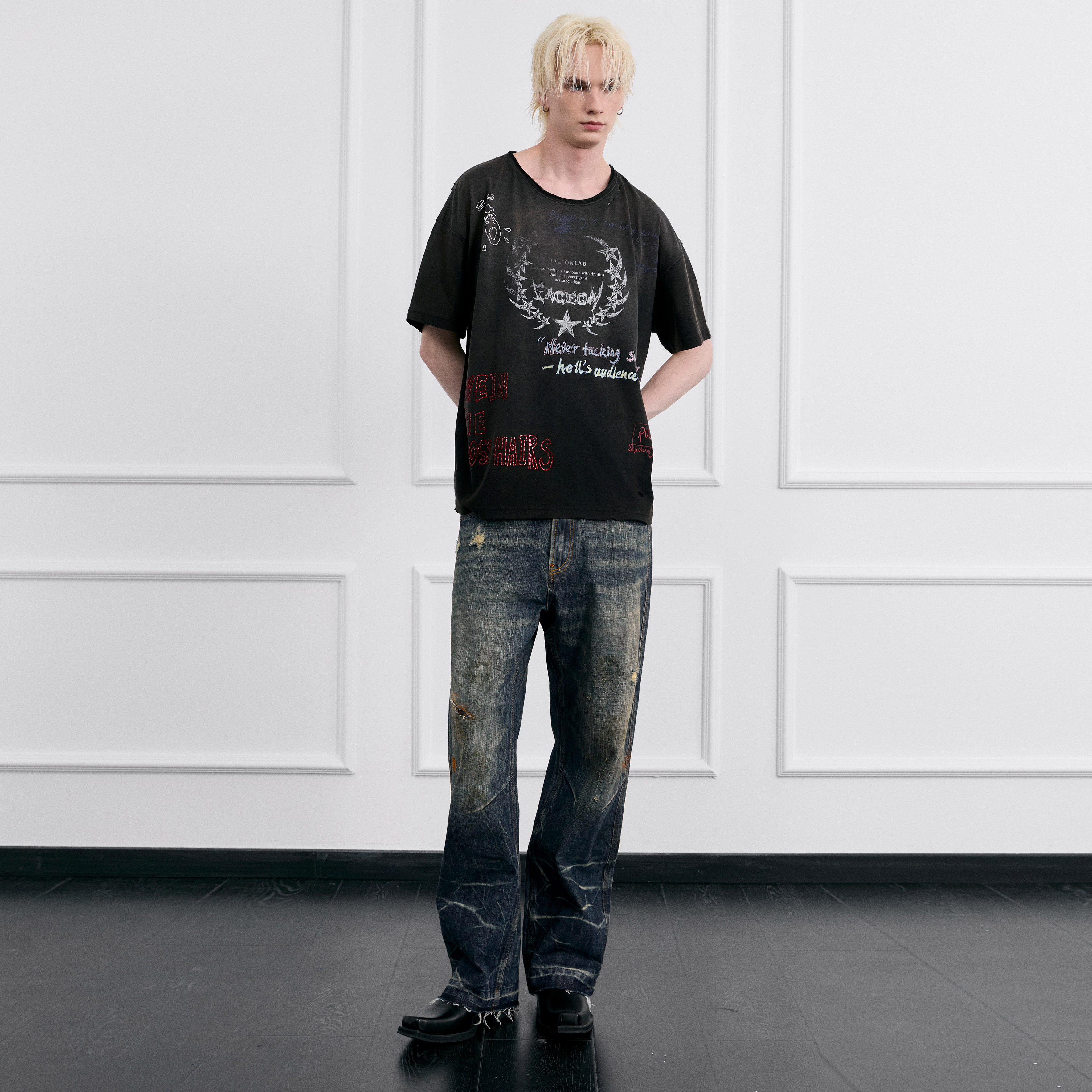 【侯明昊同款】FACEONLAB牛王设计师复古水洗做旧街头男女牛仔裤,淘宝优惠券,粉丝福利购,淘宝优惠卷